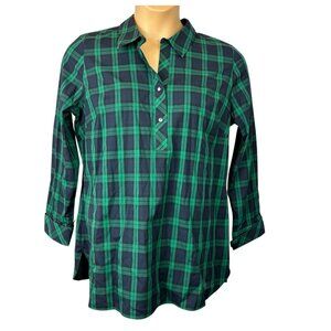TALBOTS Non-Iron Tartan Plaid Shirt Pop Over Size 12 Diamente Buttons Tunic